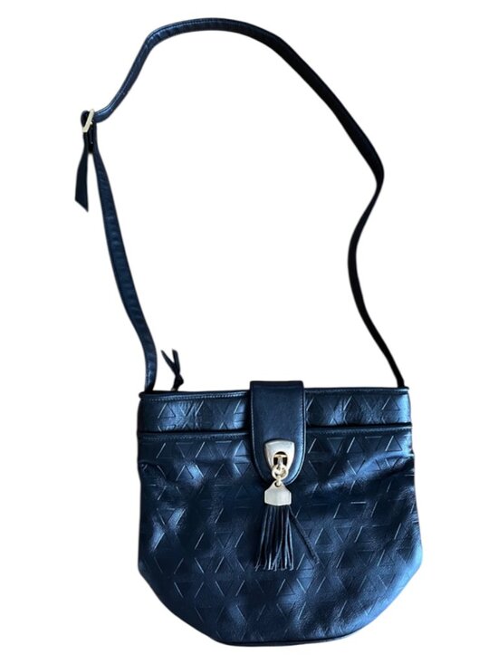 Handbags - Vintage 1980s Black Leather Crossbody Bag with Gold Tone Hardware
